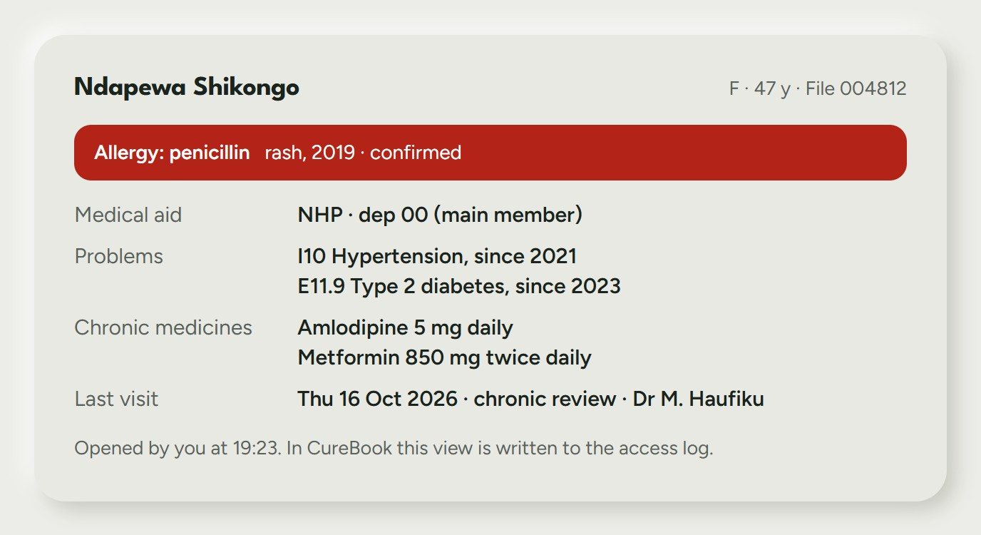 CureBook: Design preview: patient summary. Allergies, chronic medicines and the last visit on one card; every view is logged. Sample data.