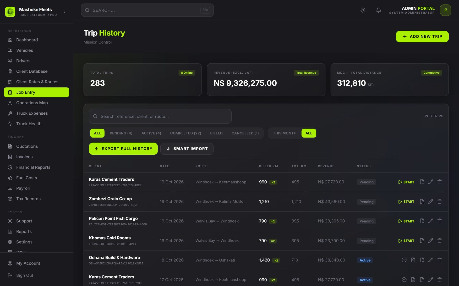 Mashoke Fleet: Trips. Every load with its client, route, billed kilometres, revenue and status, from booked to paid.