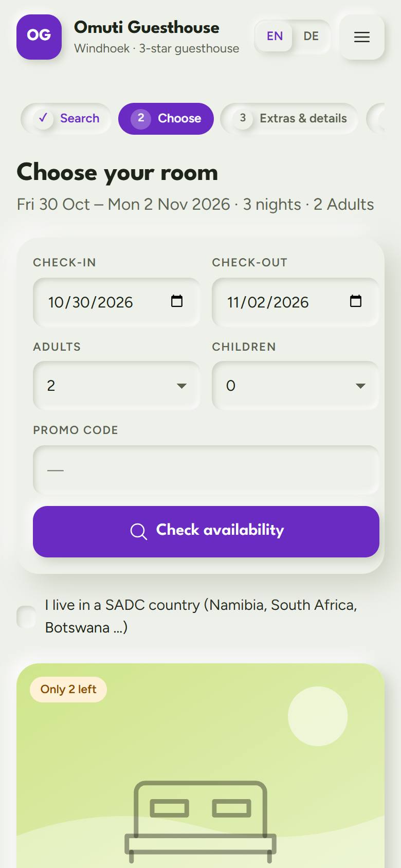 RestBook: Booking on a phone. Guests choose a room and rate on their phone and pay a deposit to book.
