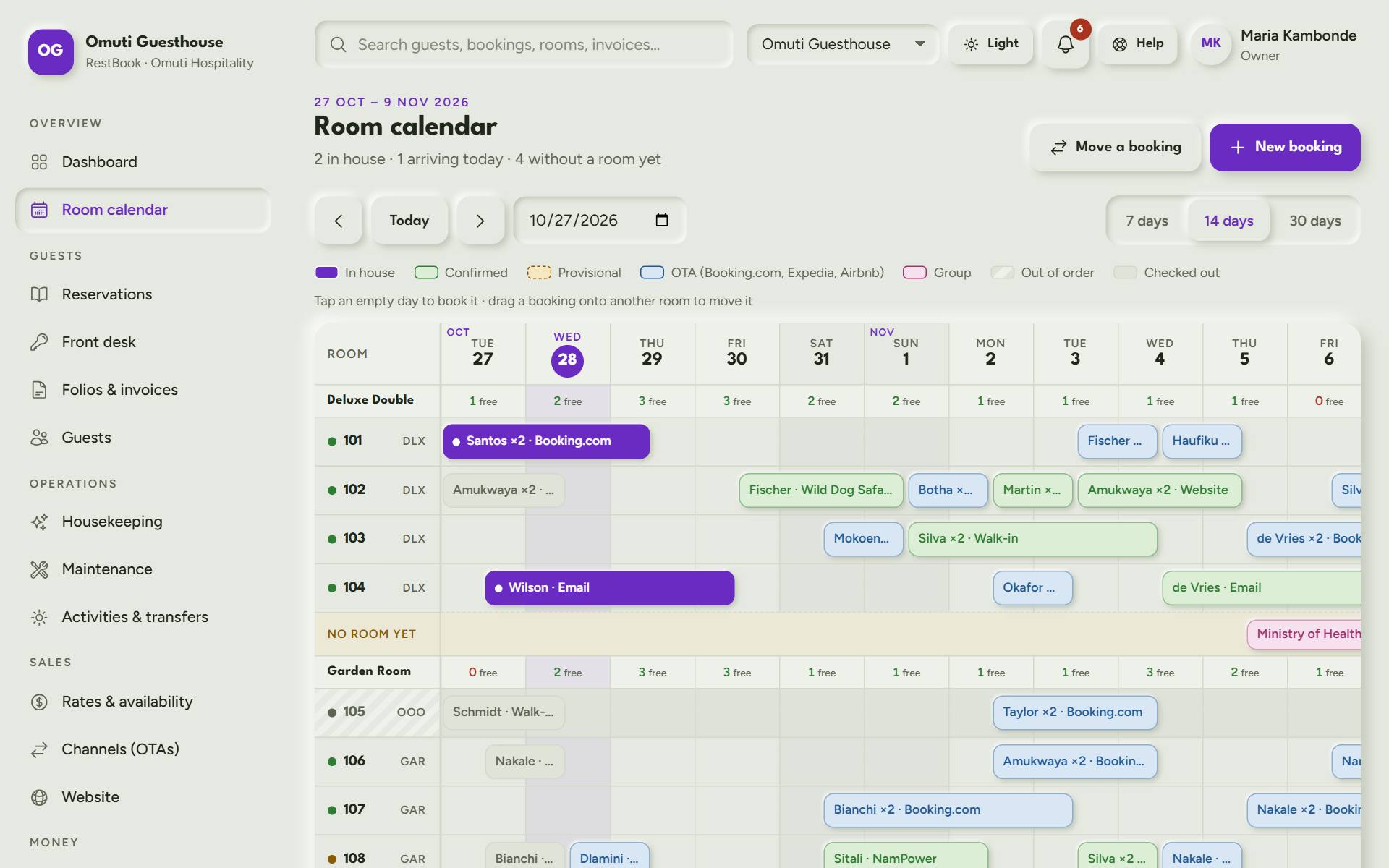 RestBook: Room calendar. Every booking from the phone, the website and Booking.com on one calendar, so a room is only sold once.