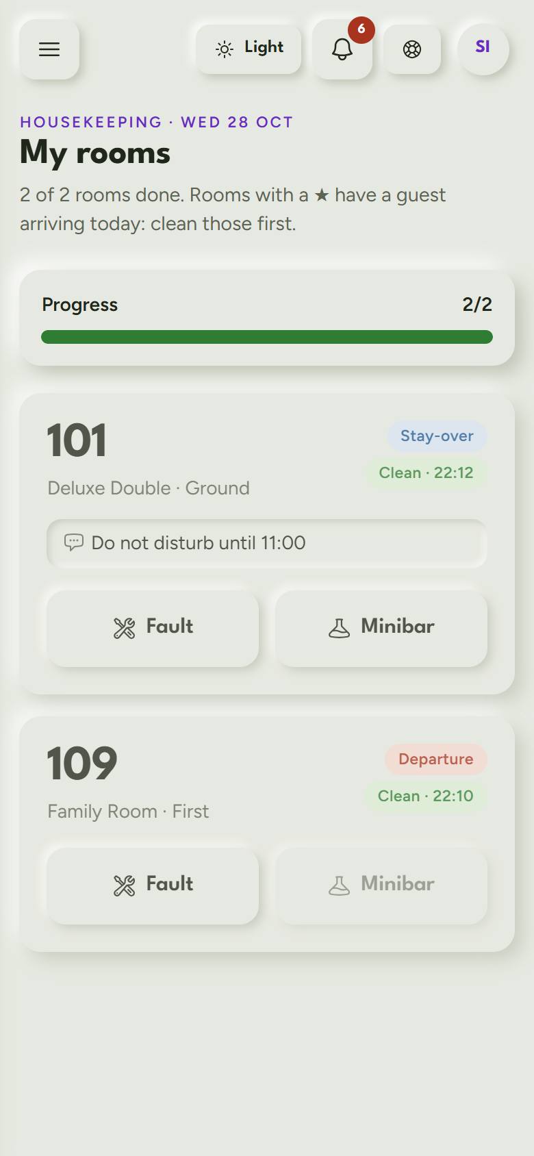 RestBook: Housekeeper's phone. Each housekeeper sees her rooms, taps Done, and reports a fault or minibar use.