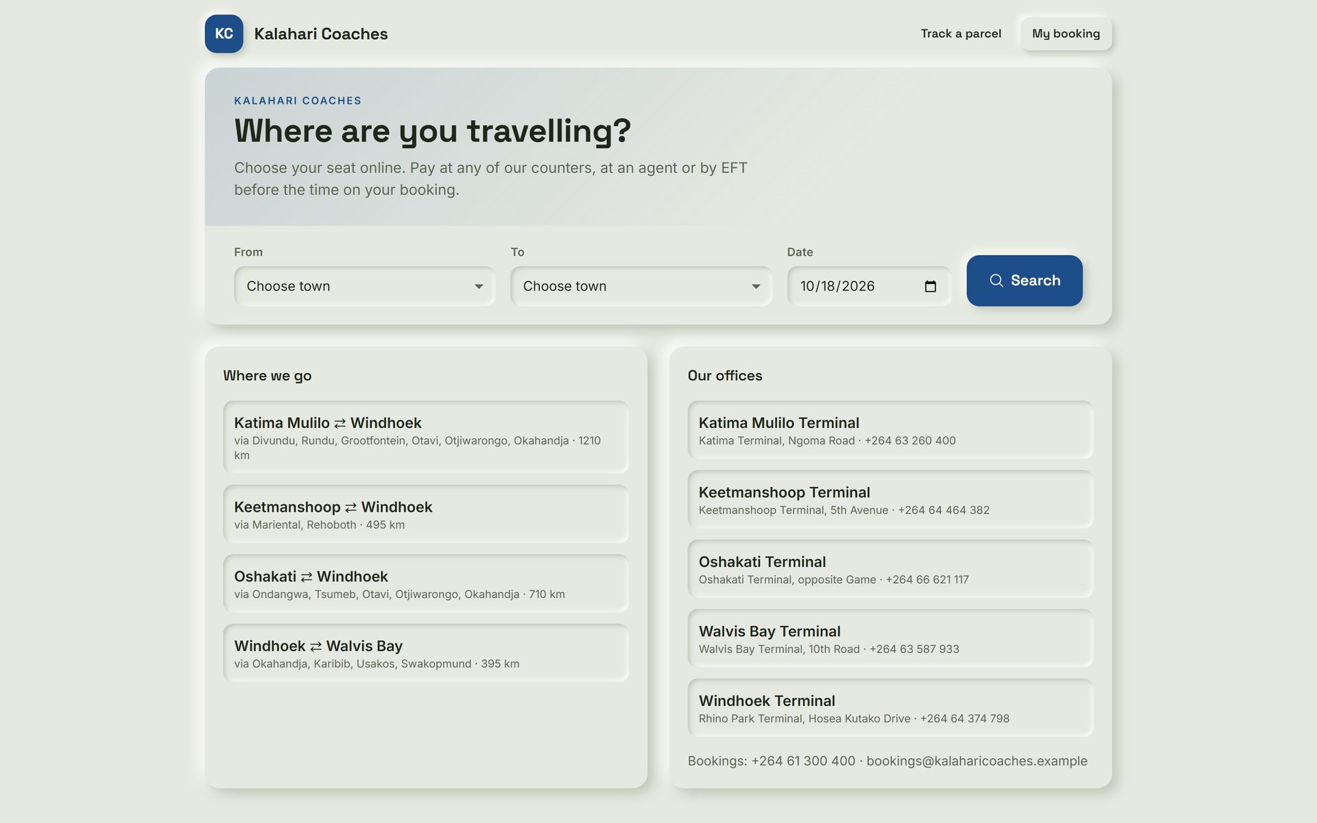 SeatBook: Passenger booking page. Passengers choose a route and seat online and pay at a counter, an agent or by EFT.