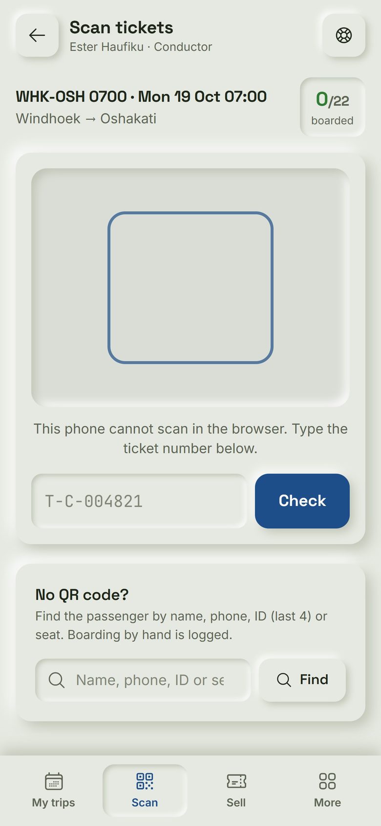 SeatBook: Boarding. Crew scan each ticket's QR code at the door, or type its number, even with no signal.