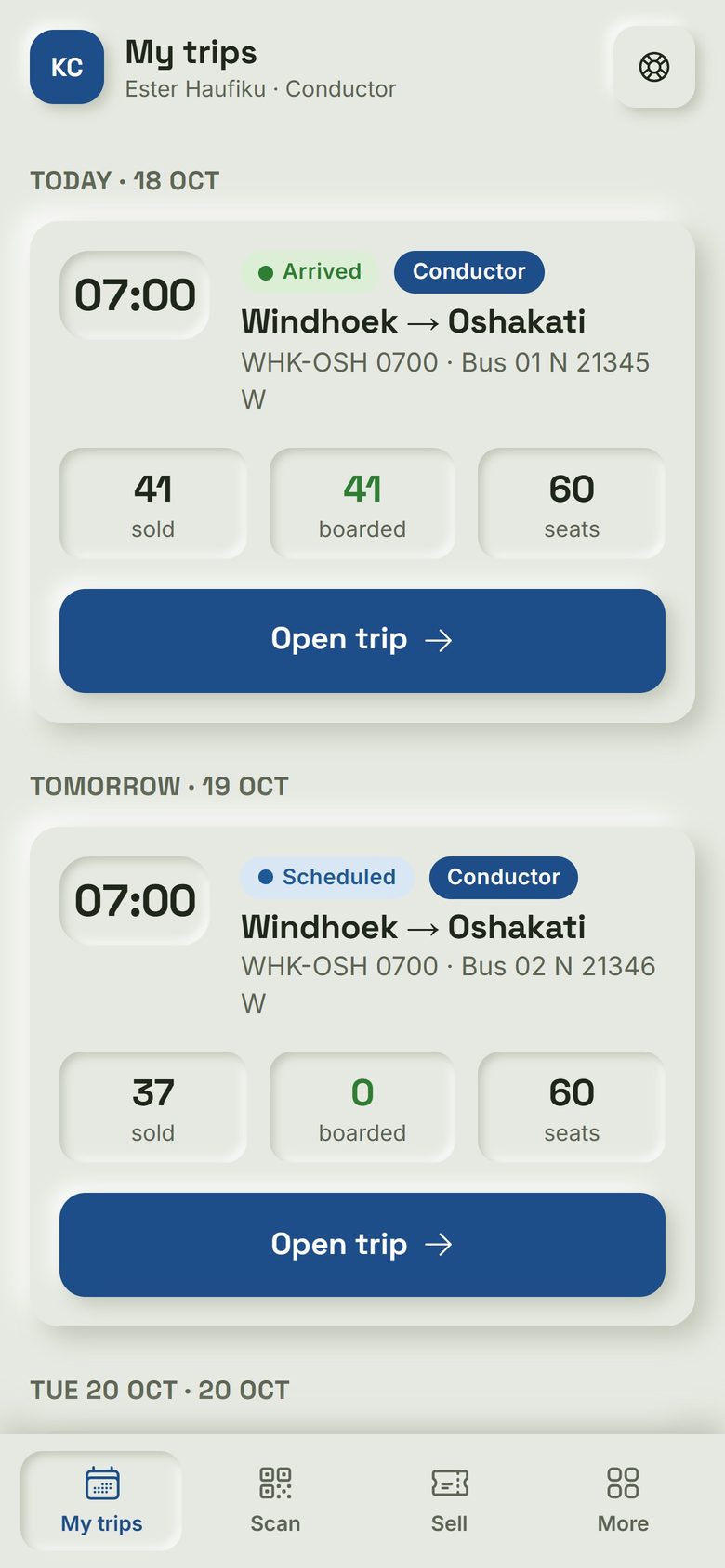 SeatBook: Conductor's phone. Crew see their trips with tickets sold and boarded.