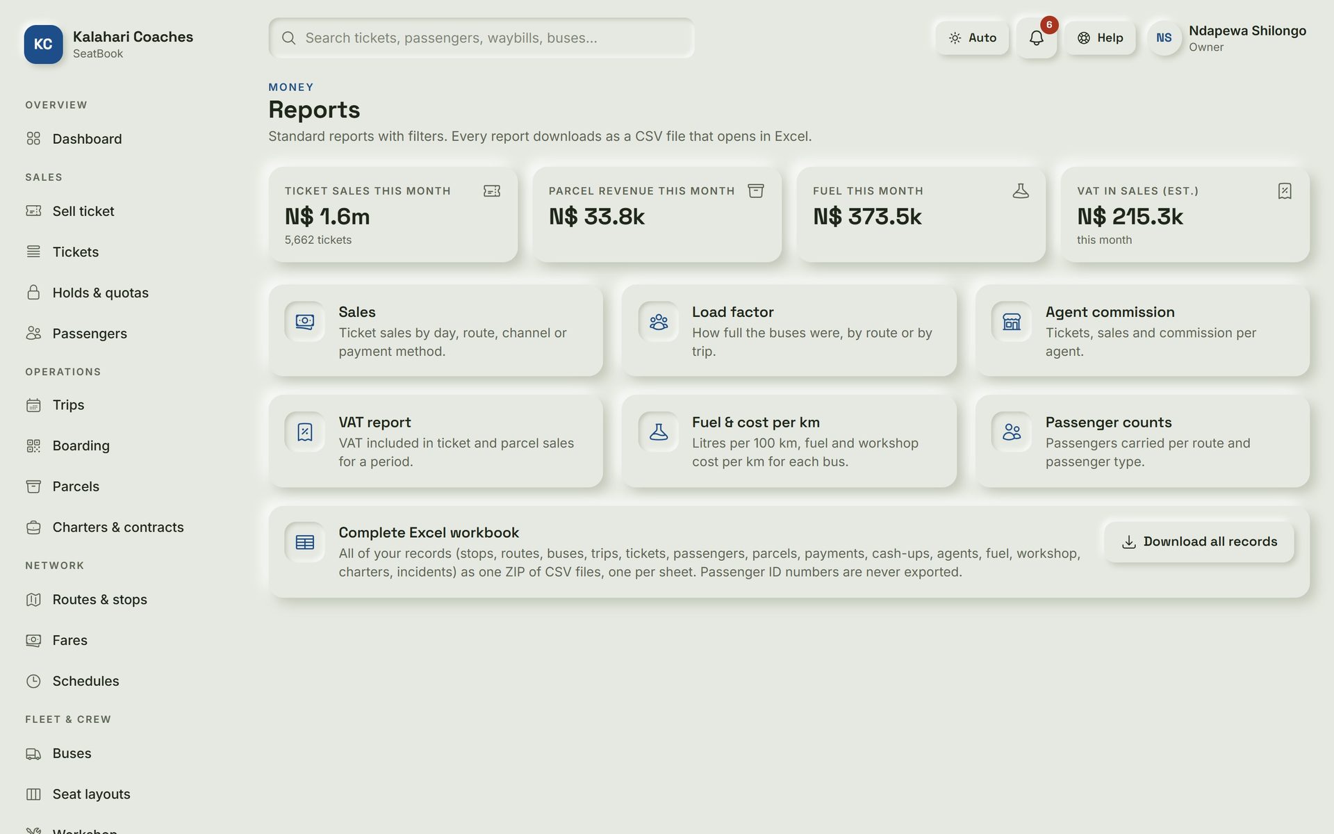 SeatBook: Reports. Sales, load factor, fuel per km and VAT, plus one Excel export of every record.