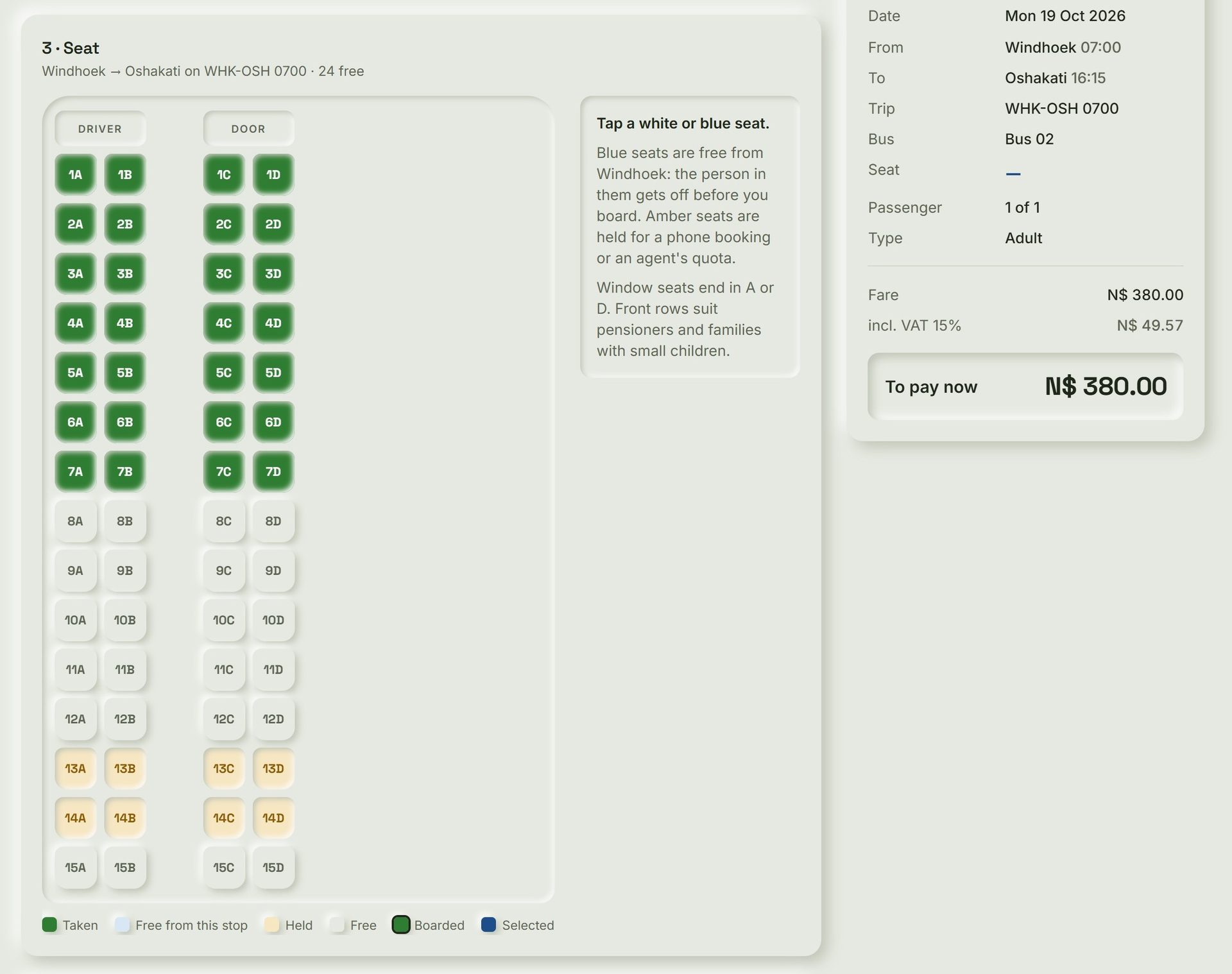 SeatBook: Selling a ticket. The counter picks a trip, taps a seat on the bus map and takes payment.