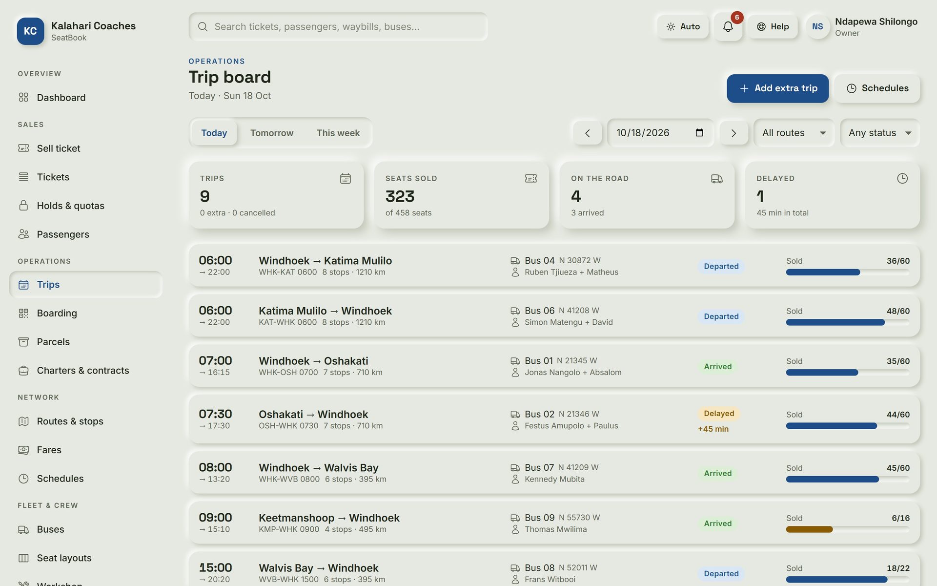 SeatBook: Trip board. Every departure today with its bus, driver, delays and seats sold.