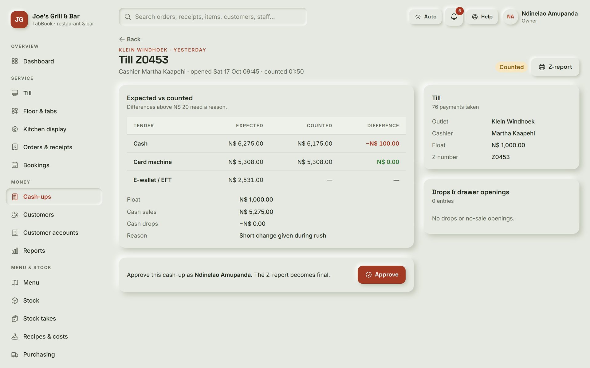 TabBook: Cash-up approval. Expected against counted for cash, card and e-wallet, with the reason for any difference before a manager approves.