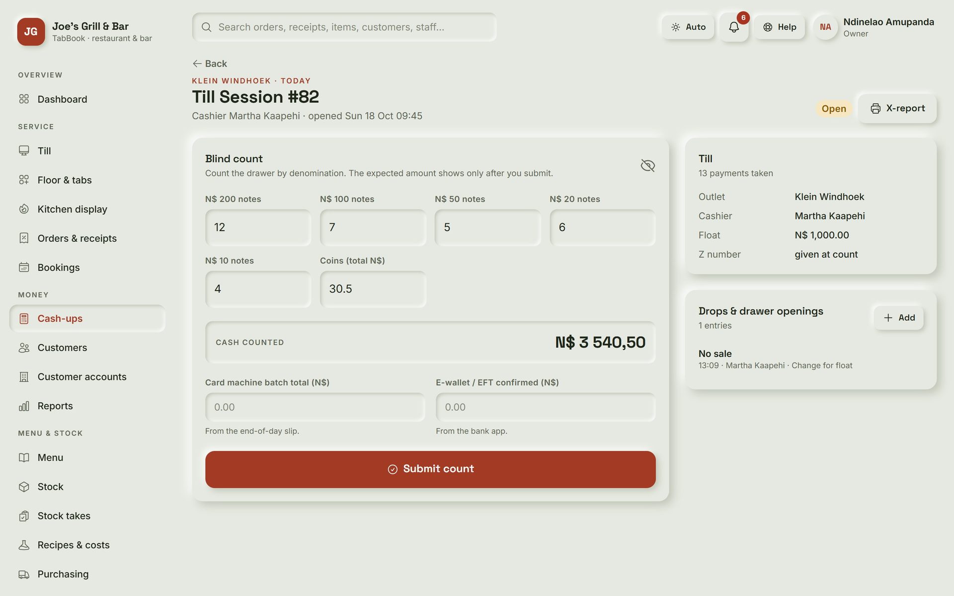 TabBook: Blind cash-up. The cashier counts the drawer first; TabBook shows what it expected only after the count is submitted.