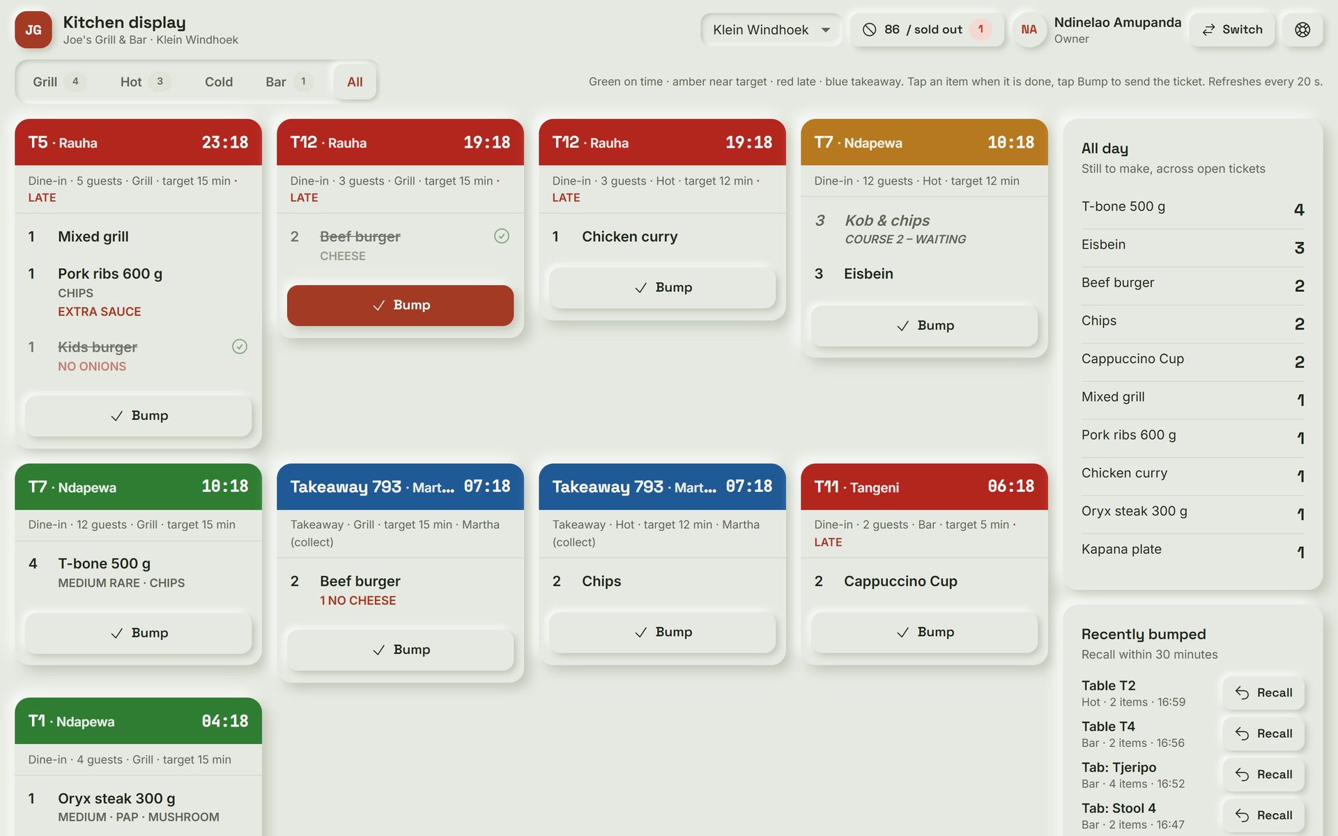 TabBook: Kitchen screen. Tickets arrive by station with timers, so the kitchen sees late orders turn red before the guest complains.
