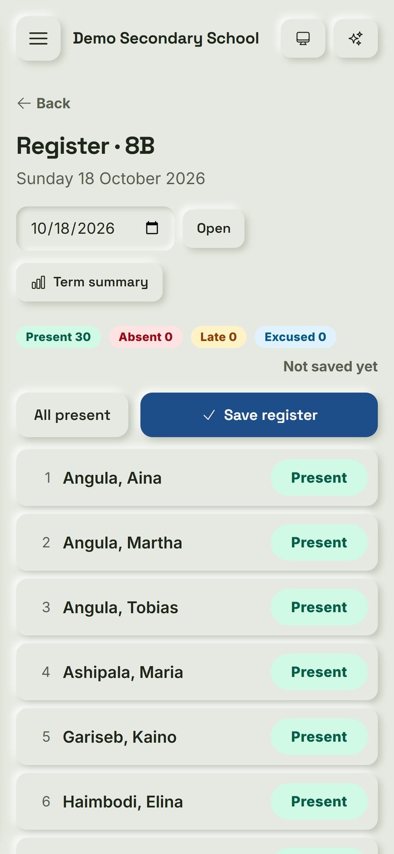 TermBook: Class register. Teachers take the daily class register on their phone in a few taps.